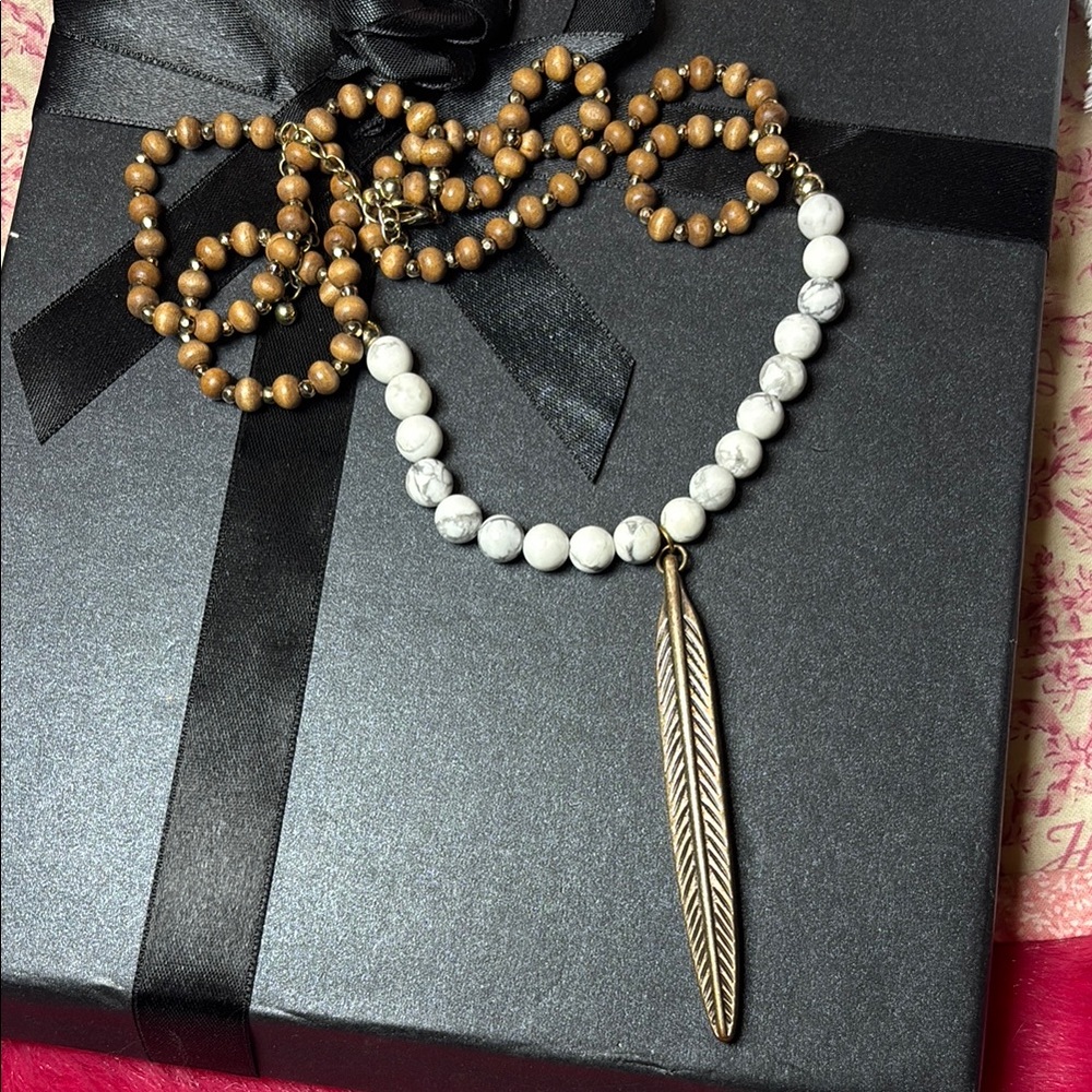 Brown and White Beaded Feather Pendant Necklace